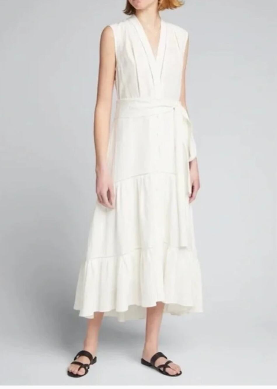 Kobi Halperin Anna Dress Sleeveless Linen Belted High Low Midi White Size Medium
